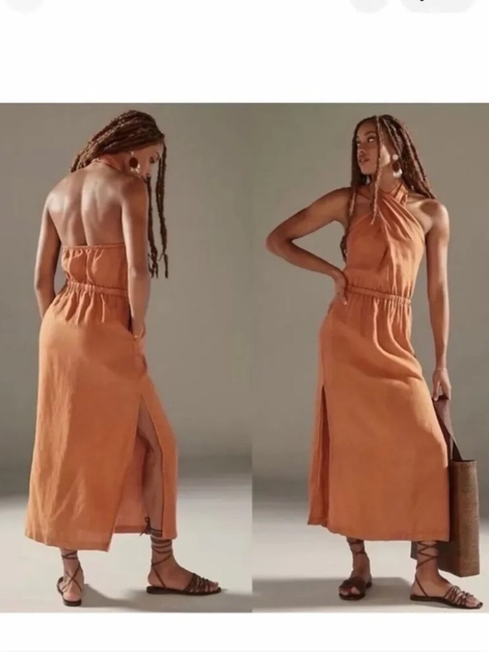 Anthropologie Linen Cross Halter Maxi Dress XS Orange NWT